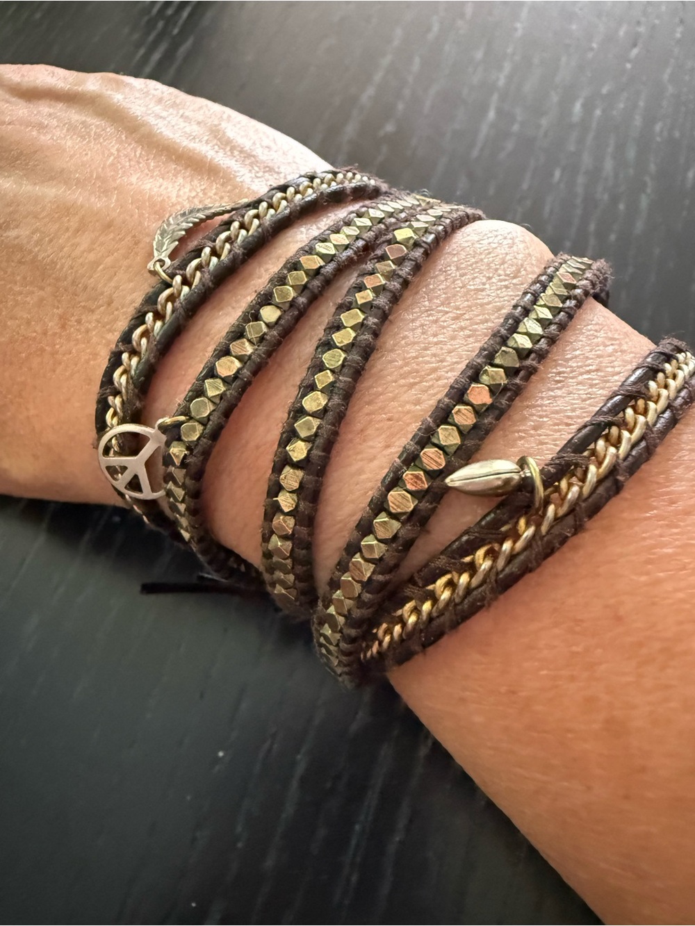 Chan Luu Brown Leather Wrap Bracelet with Gold accents